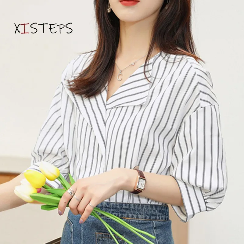 Striped Loose Chiffon Blouses 2021 Summer Lantern Sleeve V-neck Shirts Ladies Fashion Tops Blusa Mujer White Korean Clothing