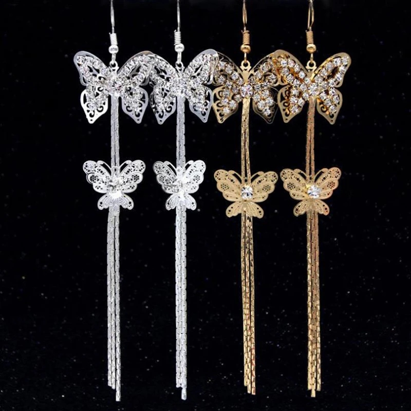 

Korean fashion exquisite double butterfly tassel earrings exaggerated long rhinestone pop earrings