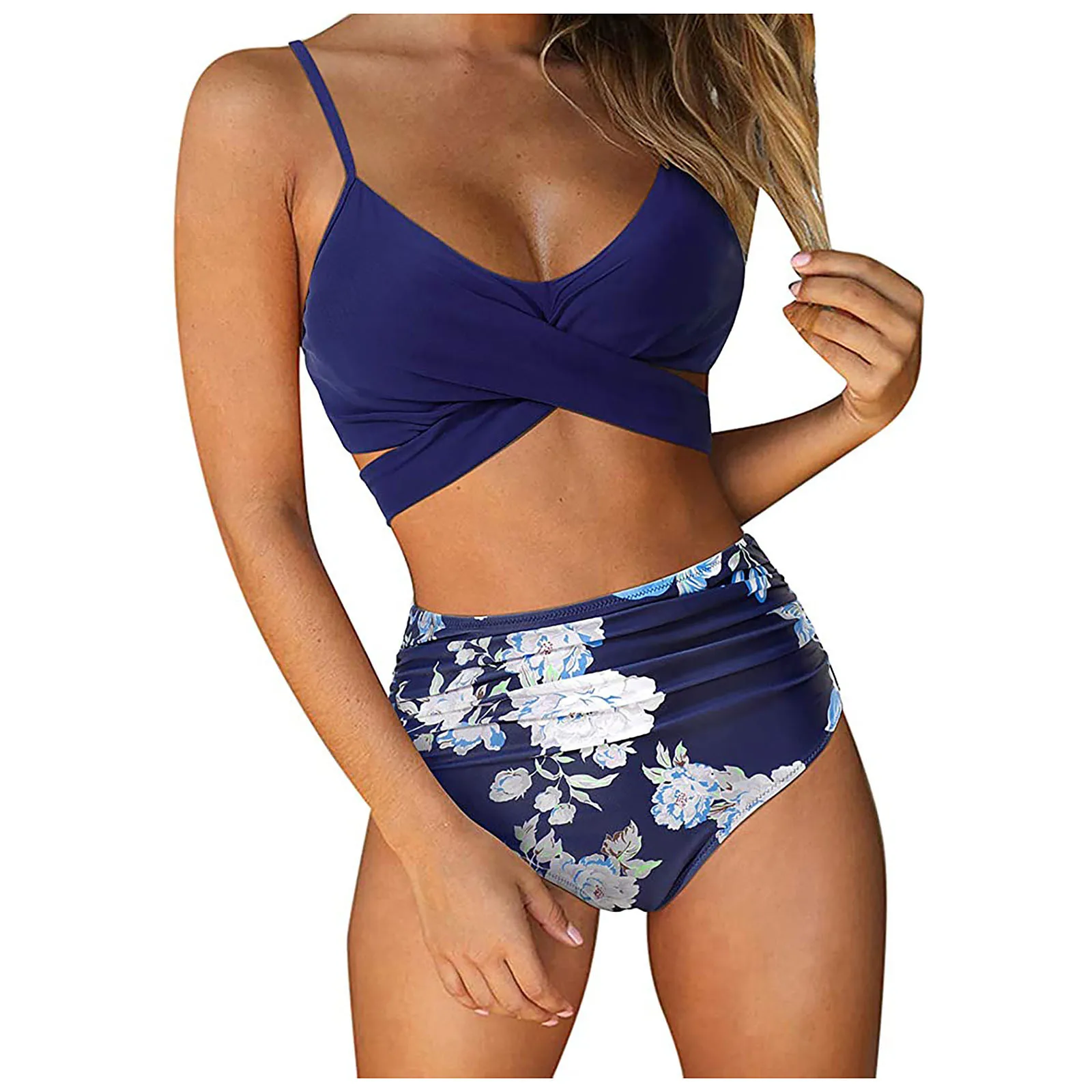 

2022 Summer Swimwear Women Sexy Cross High Waisted Bikinis Set Floral Printed Two Piece Bathing Suit Bikini Set купальник женски