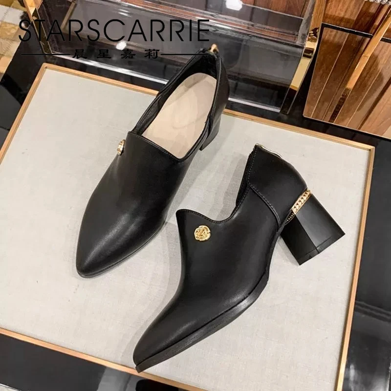 

2021 spring new cow leather women's shoes high heel pointed thick heel buckle commuter versatile Korean single shoes