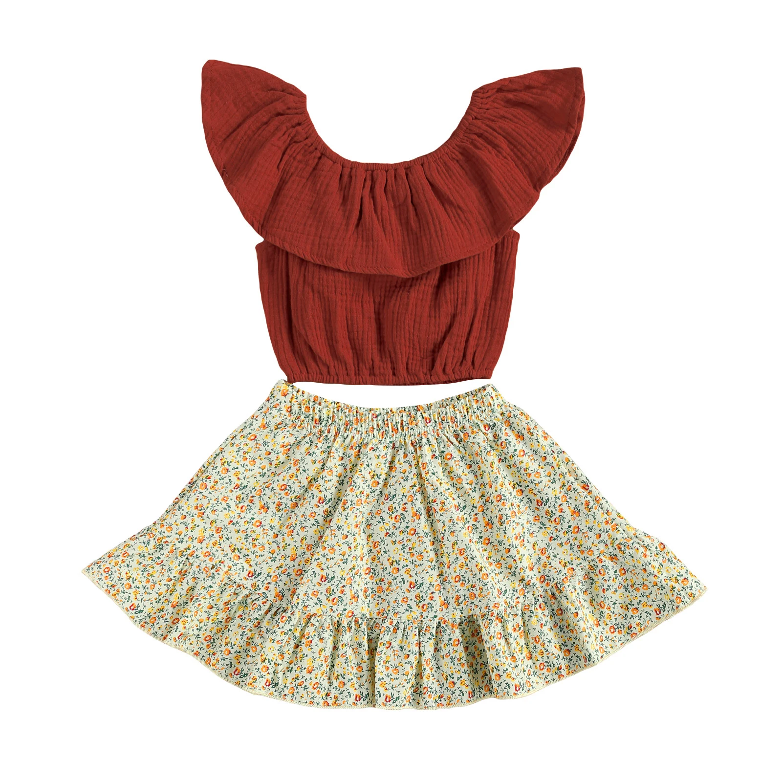 

Комплекты детской одежды для девочек, 2 предмета, футболки с оборками на рукавах и открытыми плечами, топы, юбки трапециевидной формы с цвета...