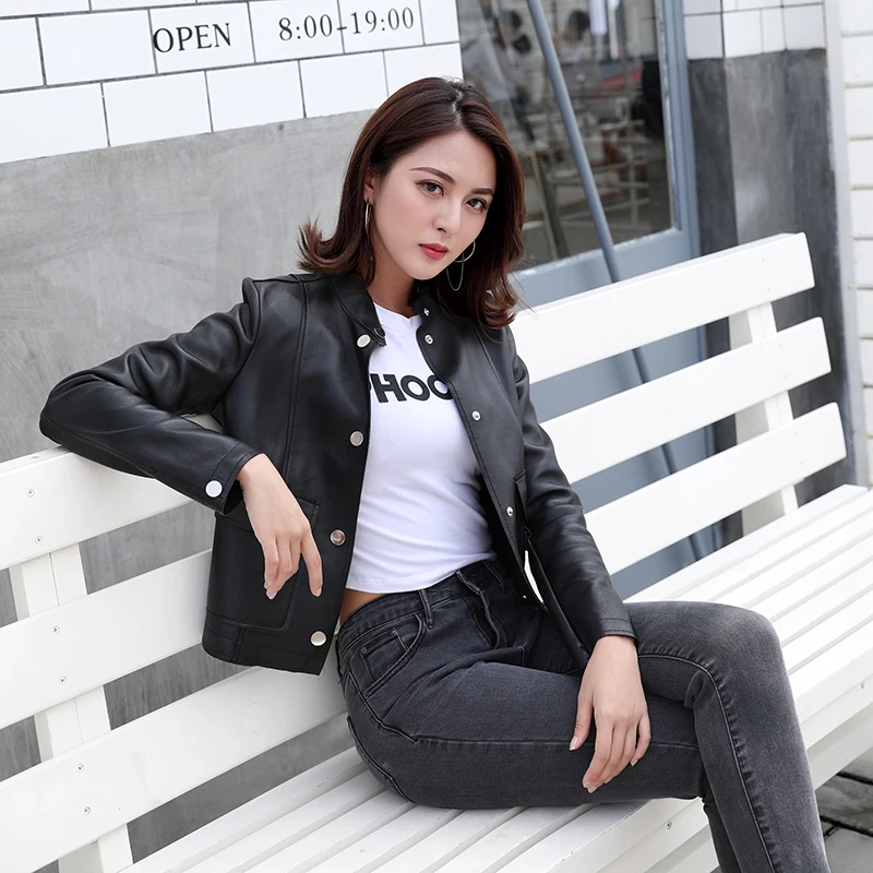 Женская куртка из натуральной овечьей кожи винтажная короткая приталенная