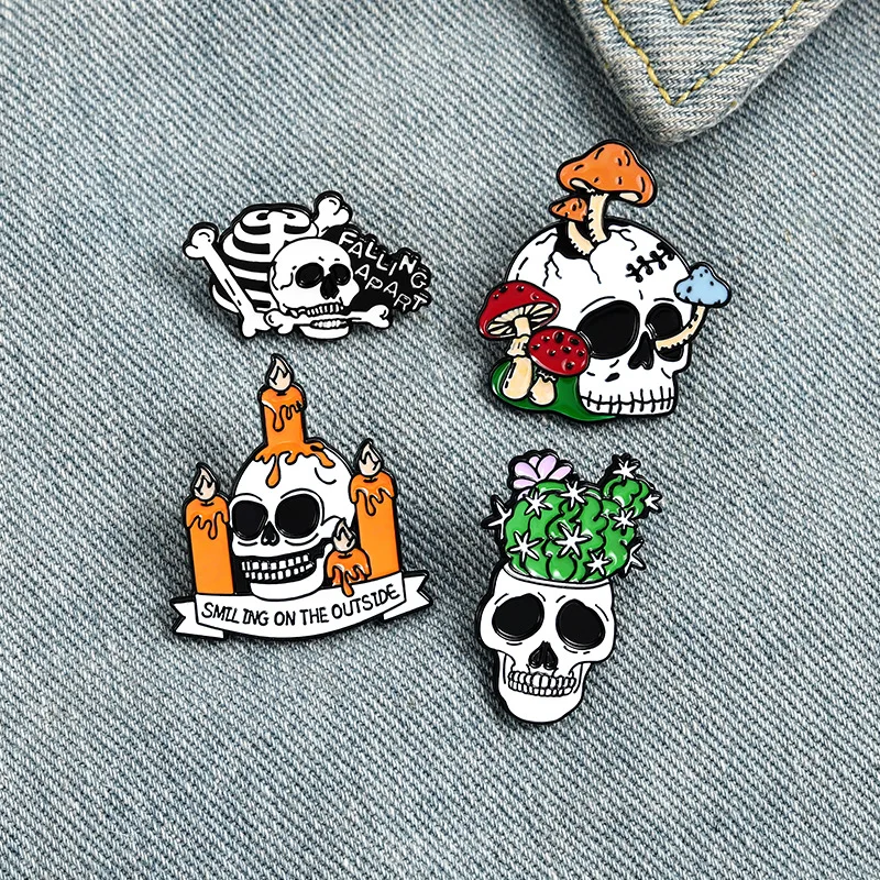 

Dead Lonely Skeleton Enamel Pin Custom Cactus Mushroom Candles Brooches Bag Lapel Pin Punk Dark Gothic Badge Jewelry for Friends