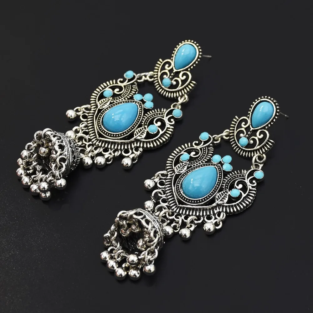 Большие винтажные серебряные серьги jhumka для женщин Boho синие Черные Каменные колокольчики кисточкой Висячие серьги Афган индийские массивные ювелирные изделия