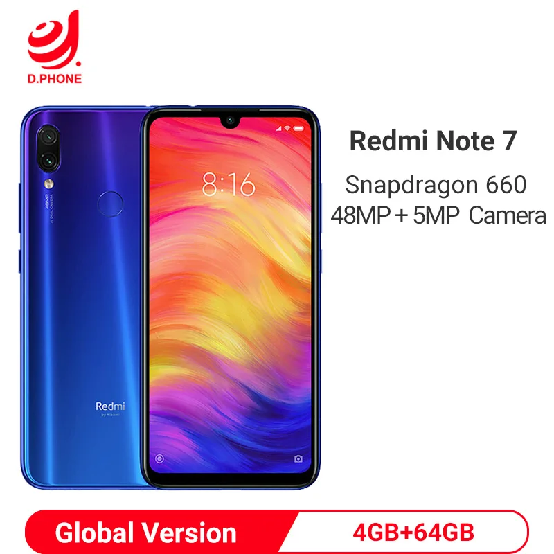 Смартфон Xiaomi Redmi Note 7 с глобальной версией, 4 ГБ, 64 ГБ, Восьмиядерный процессор Snapdragon 660, 4000 мАч, 6,3 дюйма, 48 МП, двойная камера, мобильный телефон
