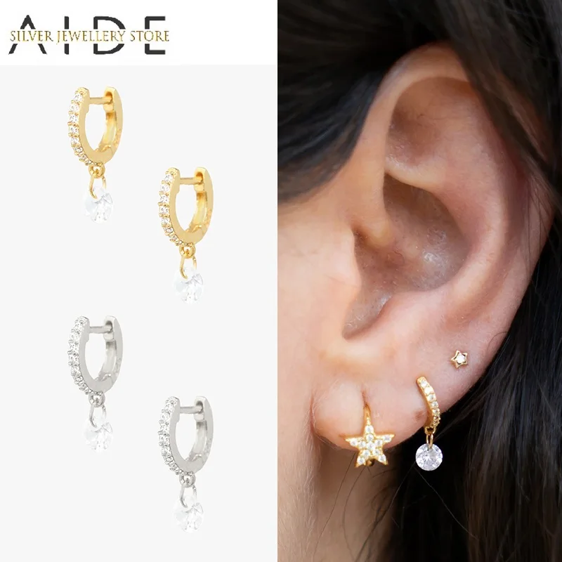 

AIDE Real 925 Sterling Silver Earring Zircon Dangle Hoop Earrings for Women Wedding Anniversary Party Gift Fine Jewelry kolczyki