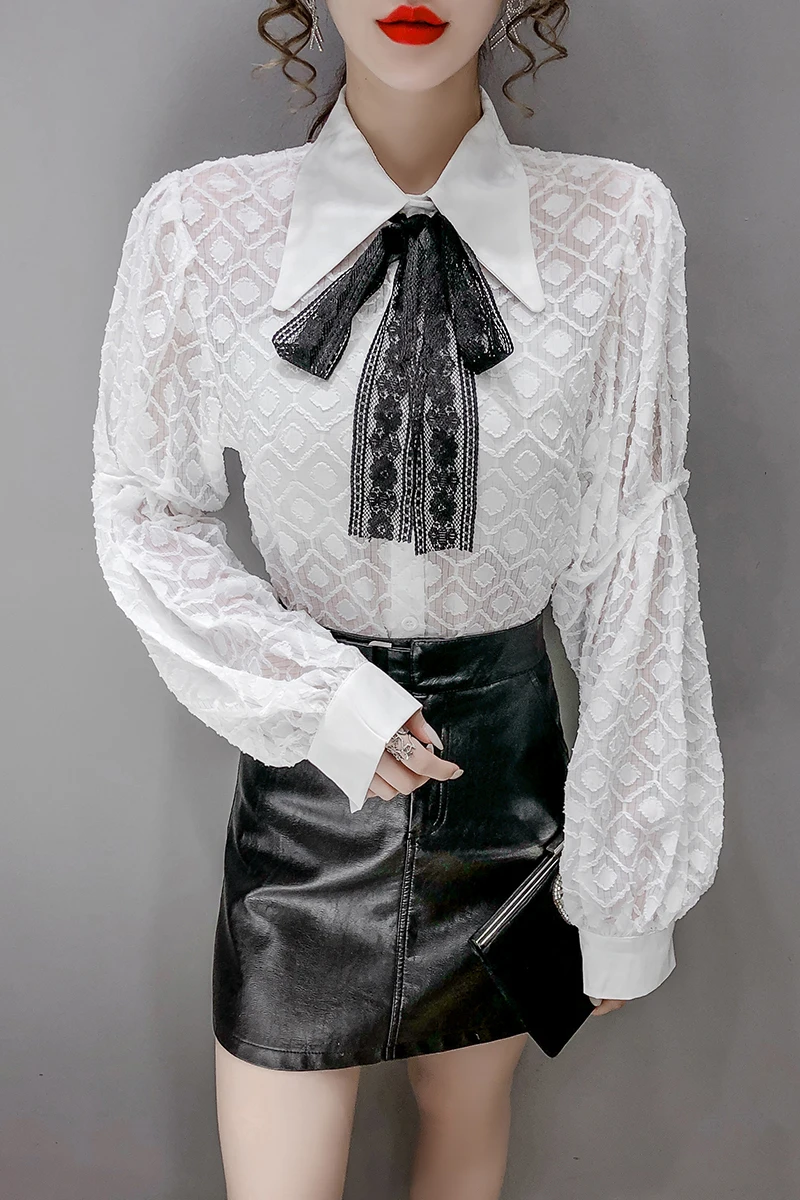 

COIGARSAM Full Sleeve Shirt Womens tops Spring Bow Belt Women shirts White 6173