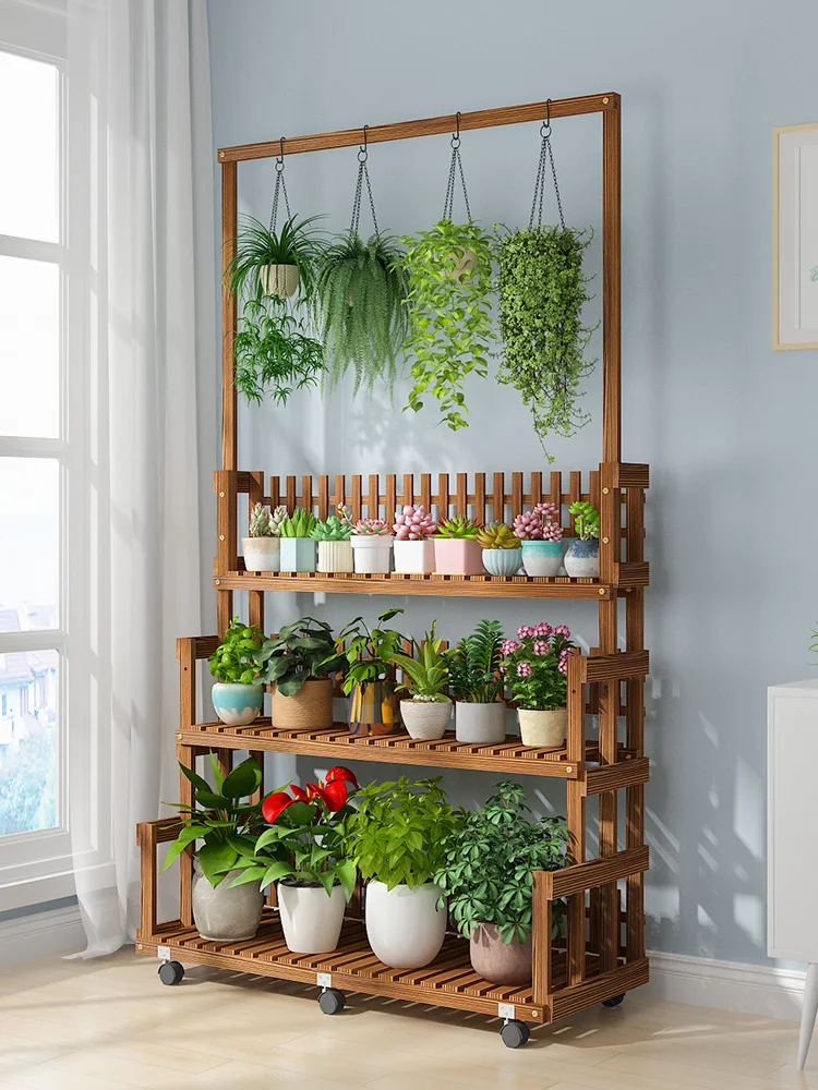 TTSolid Wood Flower Stand Storage Rack Multi-Layer Mobile Green Radish Hanging Flower Rack Living Room Floor-Standing Plant Rack