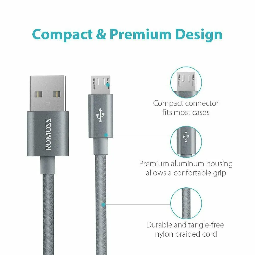 Кабель Micro USB ROMOSS 1 м 2 4 А нейлоновый для быстрой зарядки Samsung Redmi Note5 Pro Android|Кабели