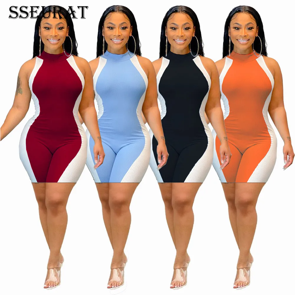 

SSEURAT Patchwork Skinny Playsuit Bodycon Rompers for Women Sleeveless Short Jumpsuit One Piece Overall Fitness Outfit