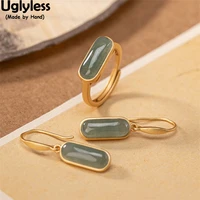 uglyless simple geometric rectangle gemstones jewelry sets for women natural emerald jade agate earrings rings 925 silver bijoux