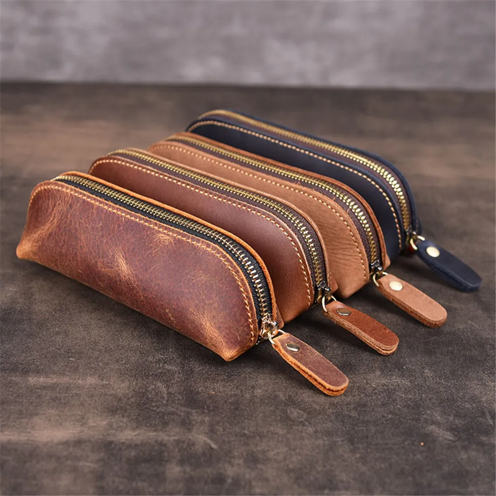 

Genuine Leather Pencil Bag Vintage Pencil Case Portable Zipper Pencil Glasses Storage Box Stationery Holder Office Accessories