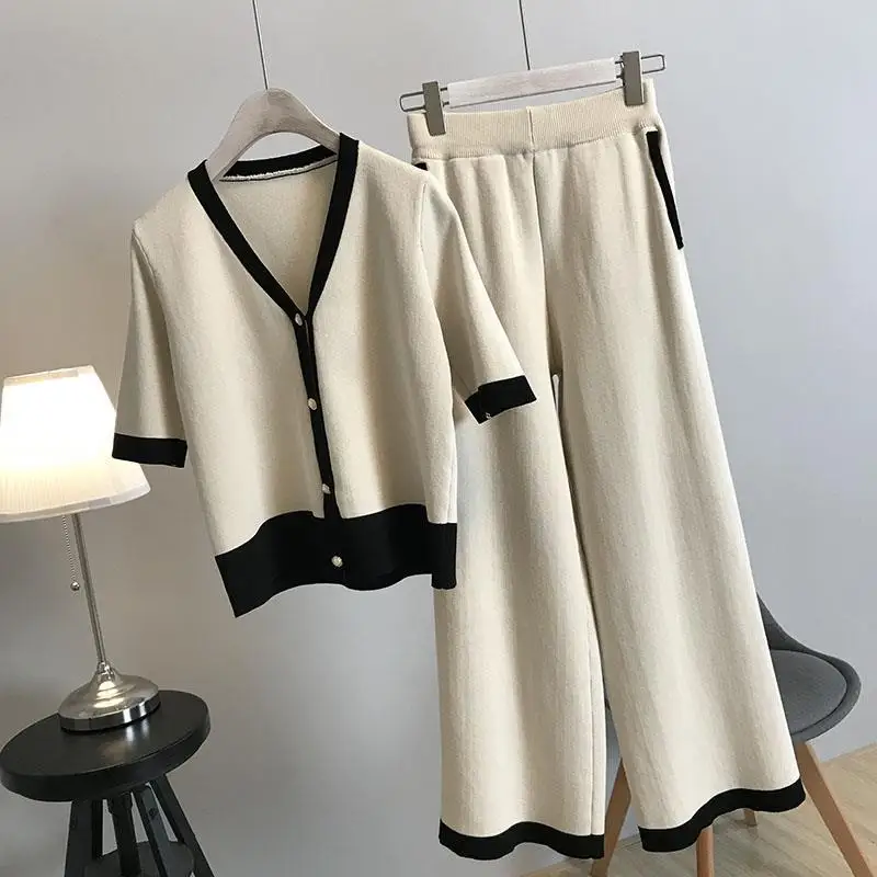 

Knitted 2 Pieces Women Pants Autumn New 2021 V-Neck Cardigan Wide Leg Elegant Office Lady Pants Suits Top Quality