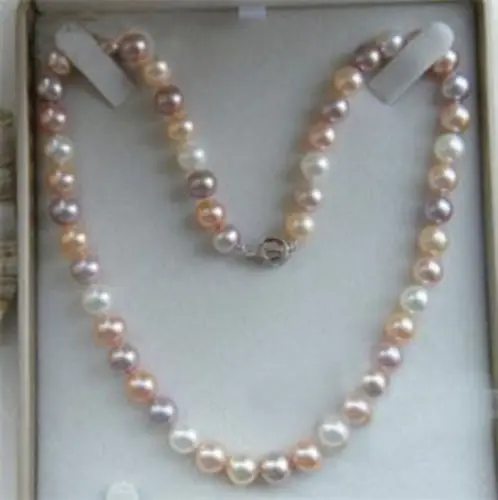 

18" 9-10MM AKOYA NATURAL WHITE PINK PURPLE PEARL NECKLACE 925silver