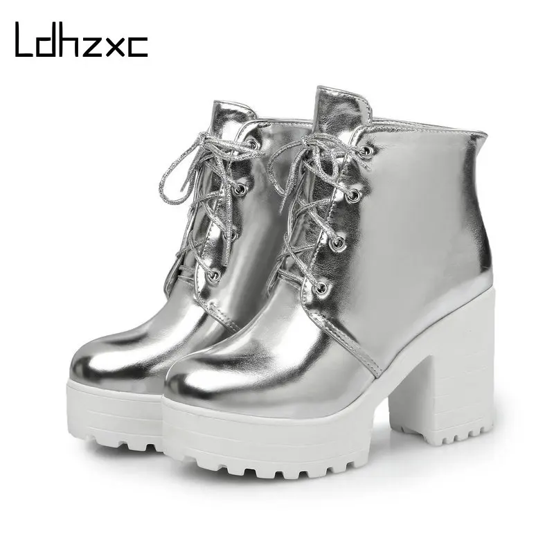 

LDHZXC Women Ankle Boots Pu Leather Fashion Zip Thick High Heels Round Toe Platform Ladies Shoes Punk Big Size