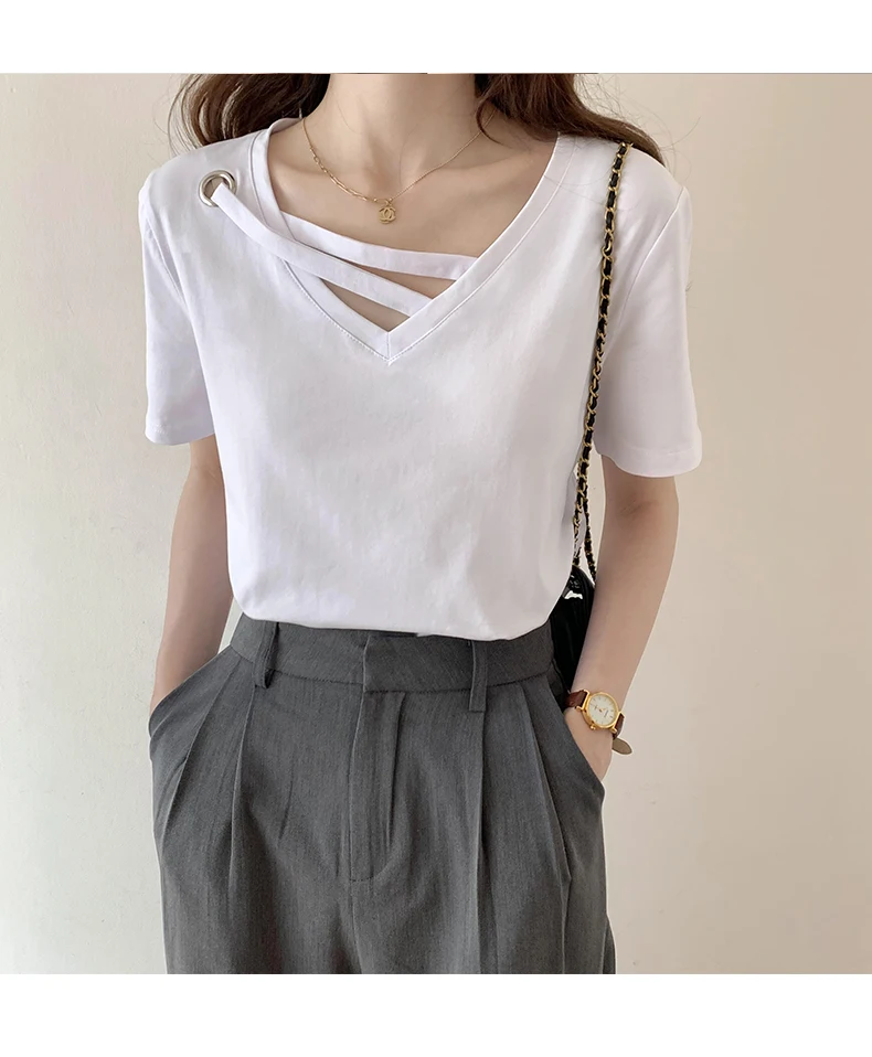 

New women fashion summer loose V-neck casual black white solid colour short-sleeve cotton T-shirt tops