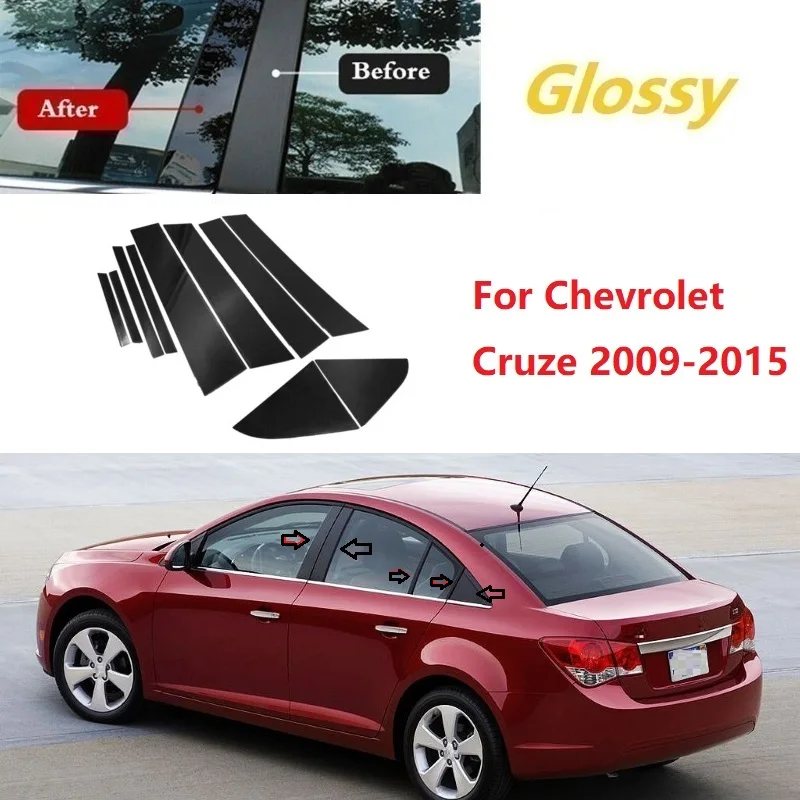 10PCS Polished Pillar Posts Fit For Chevrolet Cruze 2009-2015 Window Trim Cover BC Column Sticker