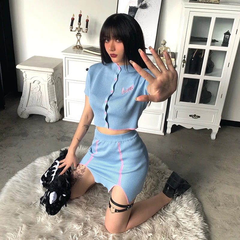 Женский облегающий Трикотажный костюм Gothblack повседневный комплект из 2 предметов