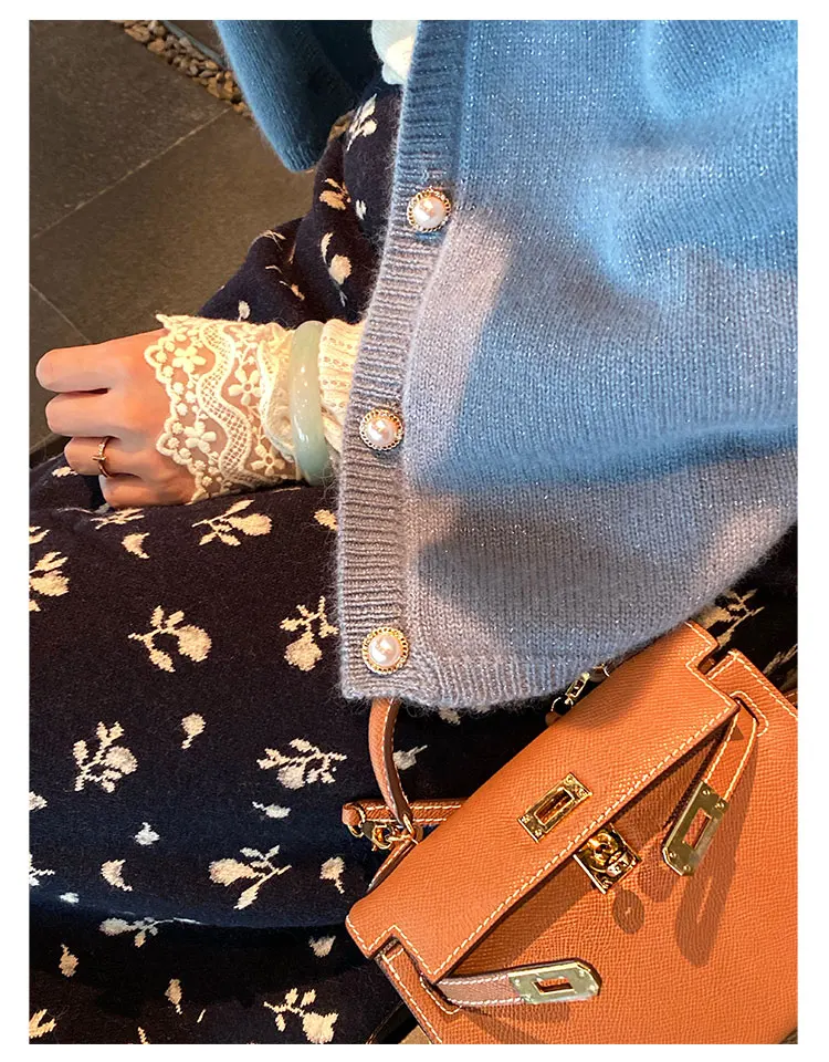 

New knit floral skirt Autumn and winter warm a-line skirt retro high-waisted A-line MIDI knitted skirt wool skirt