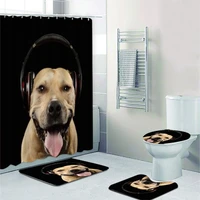 black friendly american staffordshire terrier in headphone shower curtain set for bathroom funny portrait of dogs bath mats rugs