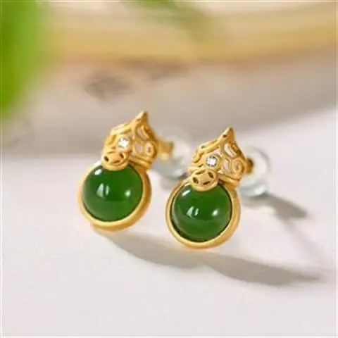 

Original S925 Sterling Silver Gilding Hetian Jade Green Jade Stud Earrings Personality Gourd Ancient Style Han Chinese Clothing
