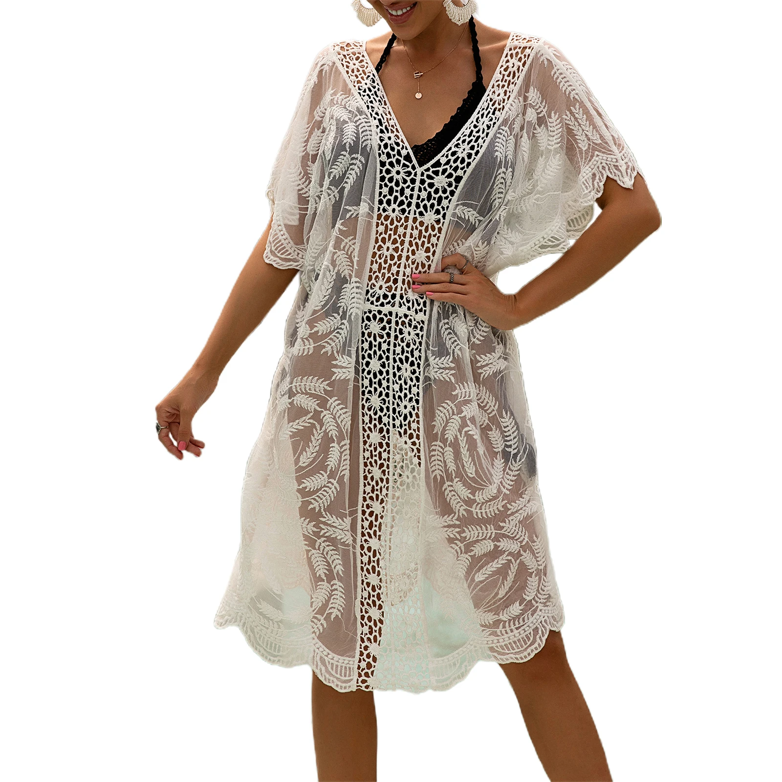 

Women's Hollow Out Beach Dress, Sexy Short Sleeve Sheer Crochet Swimsuit Cover Up Dress 2021 New Fashion
