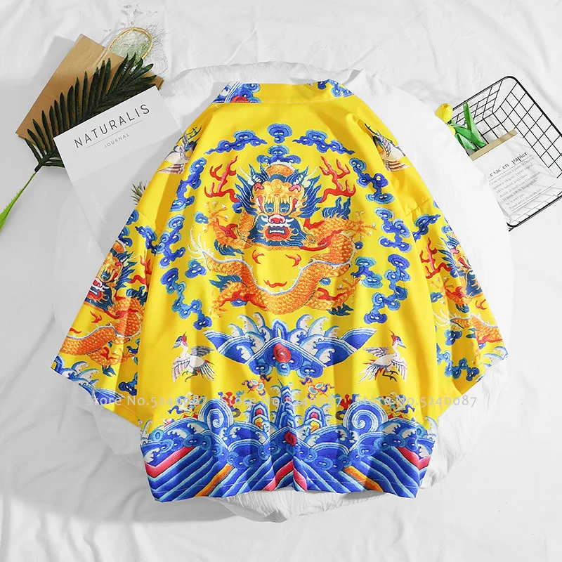 Japanese Style Kimono Cardigan Men Chinese Traditional Dragon Print Robe Samurai Yukata Loose Blouse Haori Coat Asian Streetwear |