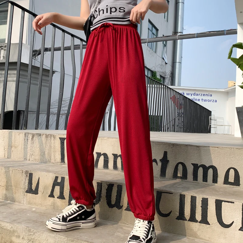 

Pants Women Summer Trendy Ulzzang Solid Harajuku Kawaii Korean Style Elastic Waist High Quality Soft Womens Trousers Chic Casual