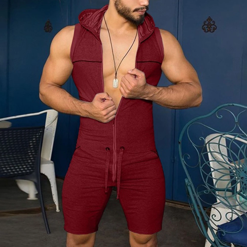 

New Men's Jumpsuit One Piece Tight Fitness Bodysuit Playsuit Summer Men Zipper Sleeveless Hooded Rompers Pants with Pockets