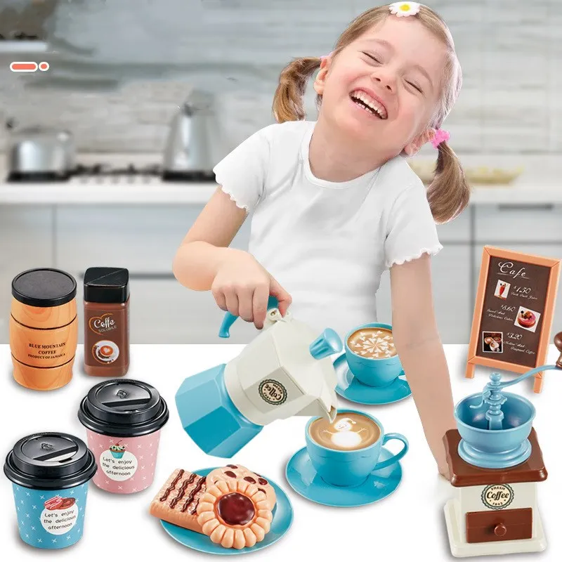 

2021Children's Play House Kitchen Toy Simulation Coffee Machine Snack Afternoon Tea Mini Kitchen Early Education Set Girl Gifts