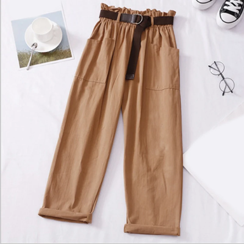 

Брюки женские с высокой талией, повседневные джоггеры с поясом в Корейском стиле, уличная одежда в стиле Харадзюку, свободные штаны-Карго