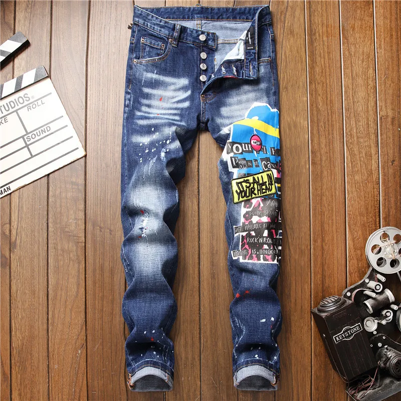 

CNUUIKOOEK Men's New Style Paint Splattered Slim Fit Embroidered Elasticity Jeans Blue Tight Trousers