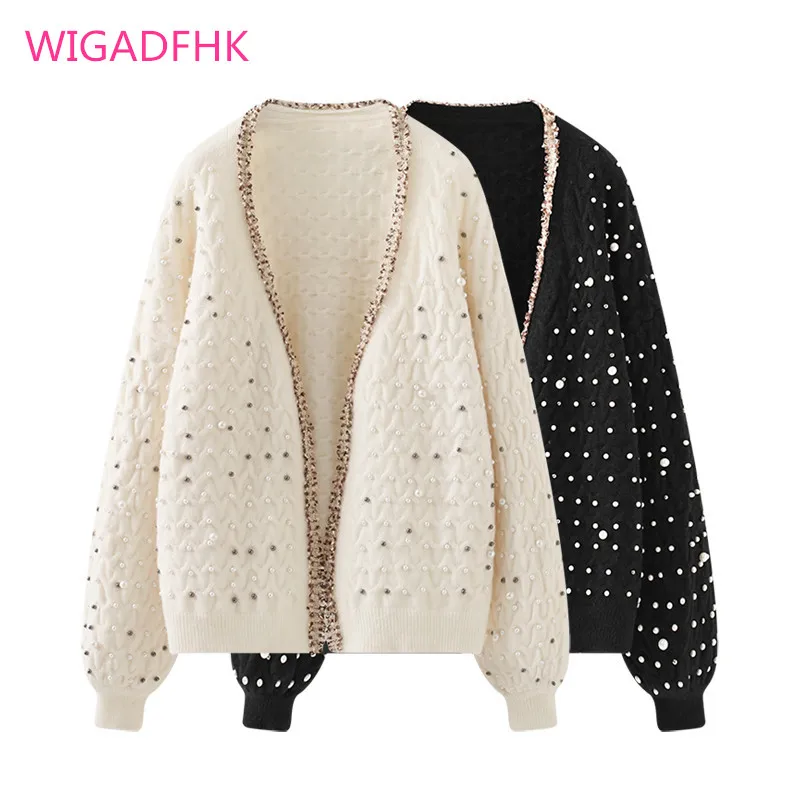 

High Quality Pearls Beading Sweater Women Bling V neck Slim Jumper Shiny Lurex Open Stitch Korea Thick Sweaters Cardigan Female