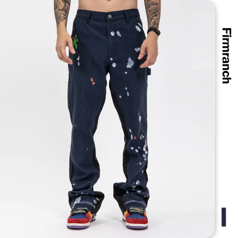Firmranch New Graffiti Splashed Ink Jeans For Men 2021 Wide Foot Denim Jeans Homme Original Pant Motorcycle Trouse