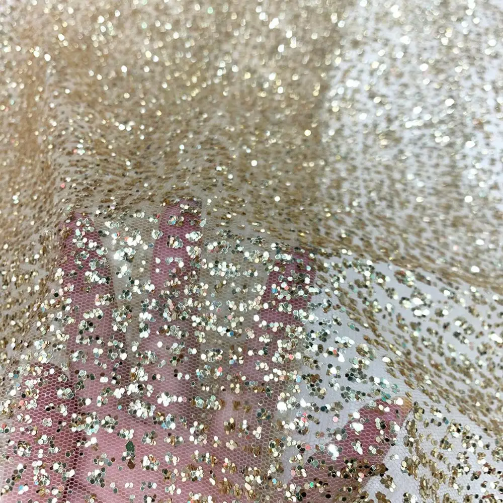 Ткань Тюлевая розовое золото с наклеенными блестками пробы 5 ярдов для вечернего