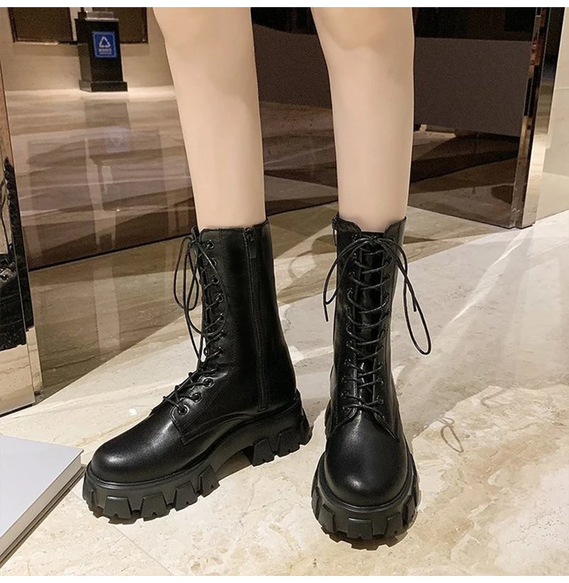 

2021 Platform Motorcycle Ankle Boots Women's Autumn Winter Thick Bottom Shoes Woman Lace UpZip Shoes Female Ladies Boots Rubber