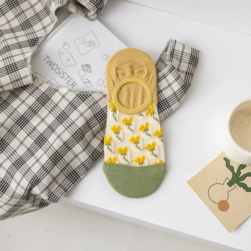 

5 Pairs new style Women Silicone non-slip invisible Socks Summer Print Ankle Boat Socks Female Cotton Slipper No show Socks