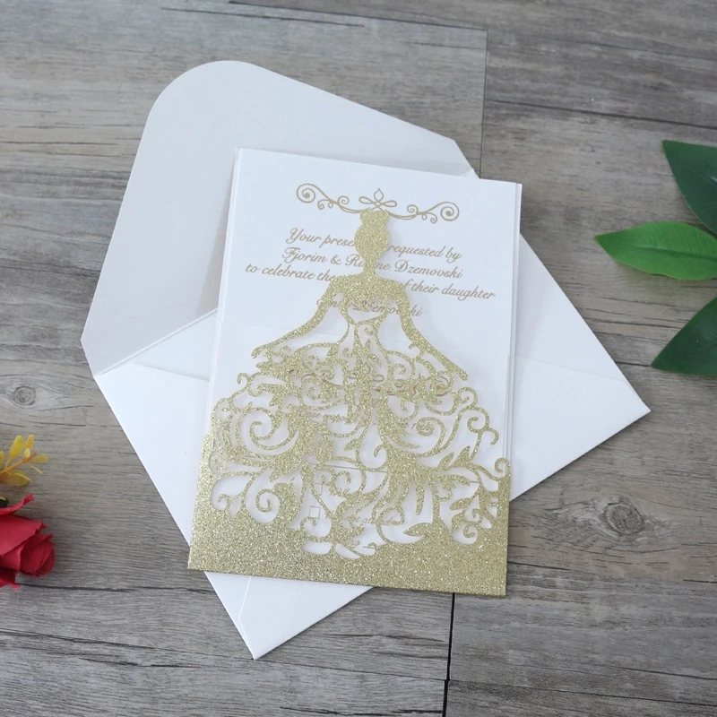 

100Pcs Luxury Laser Cut Wedding Invitation Card Pocket Blank Ivory Paper Marriage Invitations With Printing Bride Shower Party
