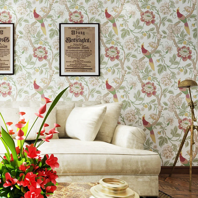 

Southeast Asian non-woven wallpaper imitation rice crown embroidery American bird wallpaper bedroom living room TV wall entrance