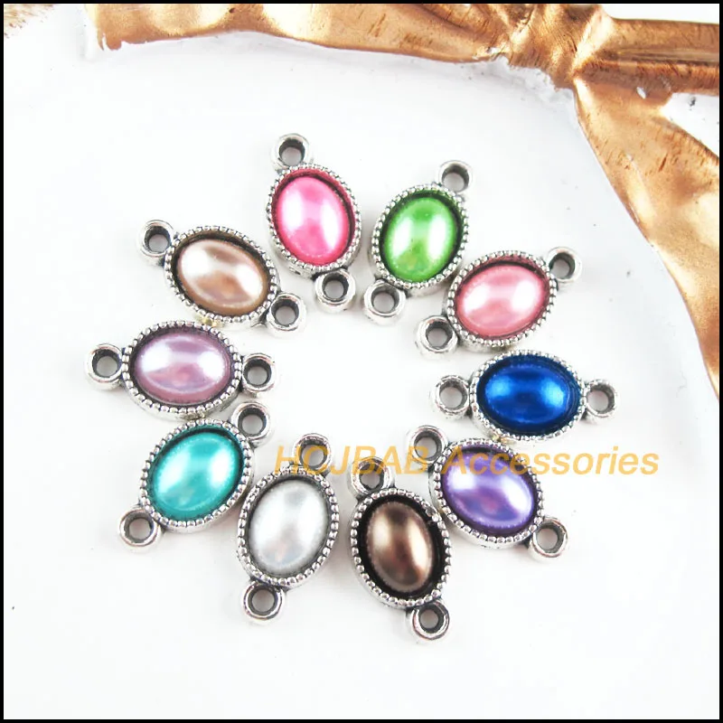 

30 New Oval Charms Retro Mixed Acrylic Flower Connectors Tibetan Silver Tone 8.5x16.5mm