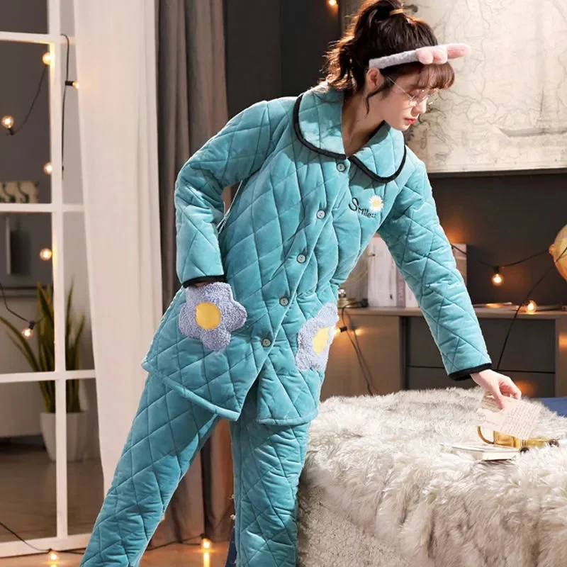 Pajamas Women 2021 Winter Three-Layer Thick Coral Fleece Quilted Jacket Korean Style Cute Warm Velvet Ladies Home Service Suit
