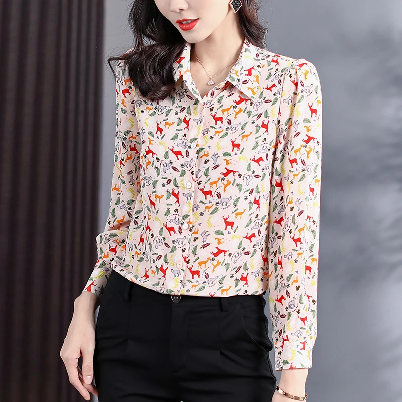 

Женская Повседневная рубашка из натурального шелка, элегантная офисная блузка с отложным воротником и длинным рукавом и принтом из натурал...