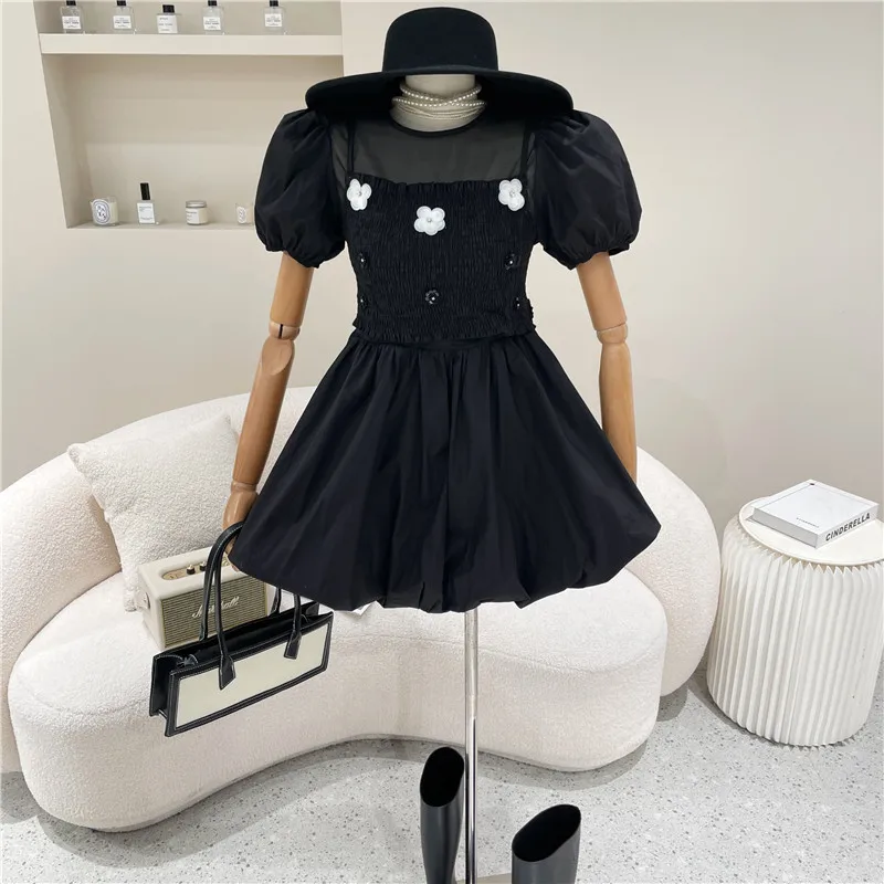 

New Women's Clothing Summer 2021 Three dimensional flower Sling Vest + temperament puff short sleeve sweet dress Two piece set