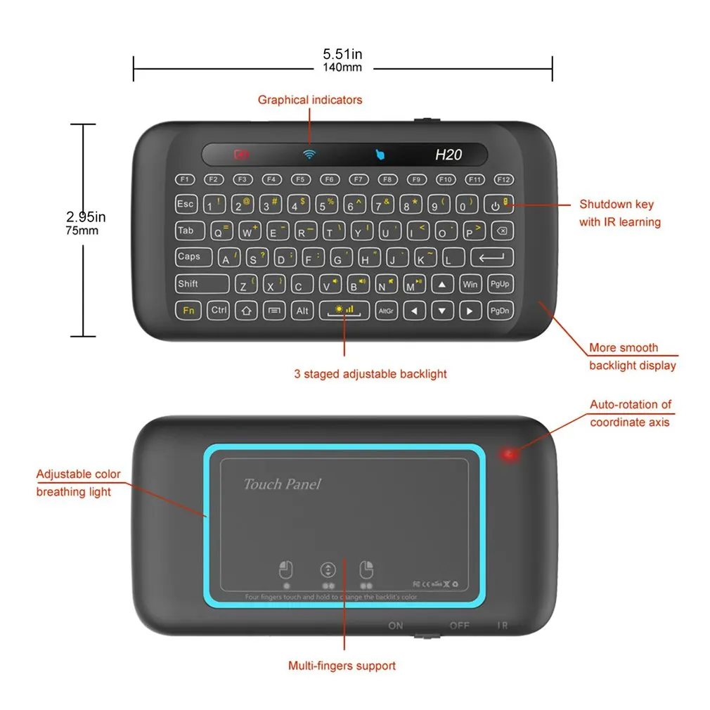

H20 2.4GHz Wireless Mini Keyboard with Backlight Touchpad Air mouse IR Leaning Remote control for Andorid TV Box PC
