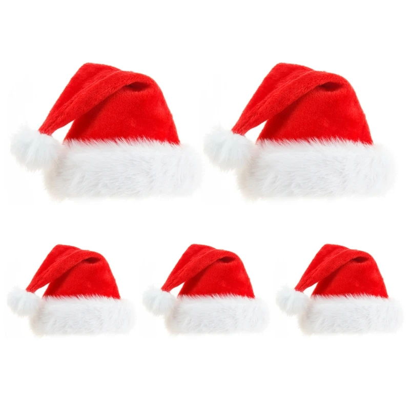 

5Pcs Adult Double Layer Plush Christmas Hat Extra Thicken Cute Pompom Santa Claus Cap Xmas Holiday Party Decoration Prop
