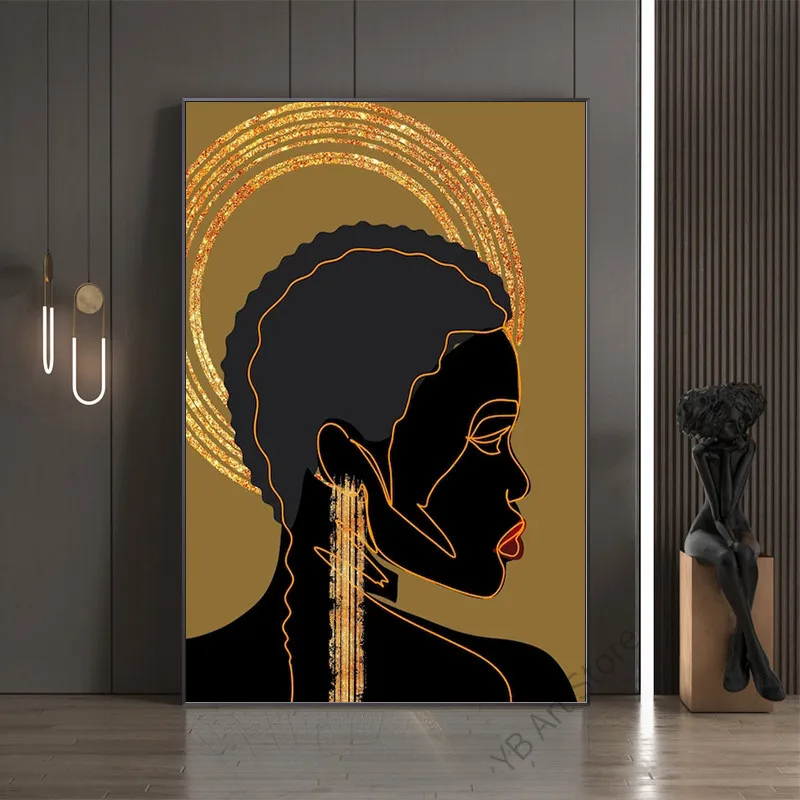 

Abstract Black Woman Canvas Painting Gold Goddess Poster African Wall Art for Living Room Decoration Home Bedroom Decor Picture