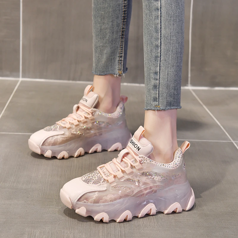 

2021 Crystal Chunky Sneakers Women New Designer Jelly Sole Platform Shoes Breathable Sports Basket Femme Casual Vulcanized Shoes