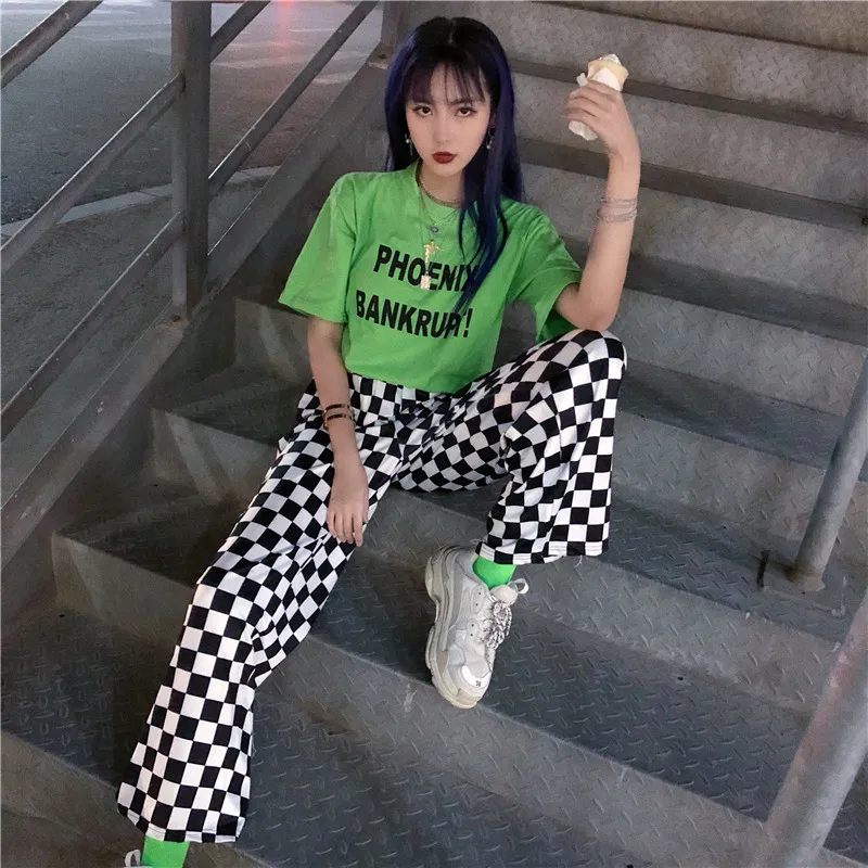 Женские брюки с высокой талией в клетку стиле хип хоп винтажные 2020|Брюки| |