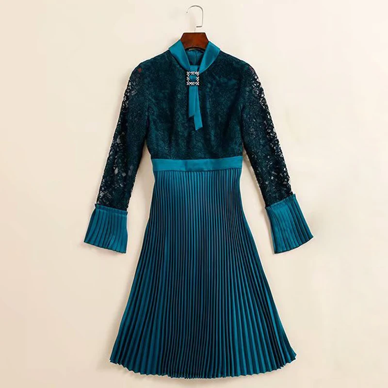 Newest HIGH QUALITY Fashion 2021 Runway Dress Women's Bow collar Lace PatchworK Pleated Dress