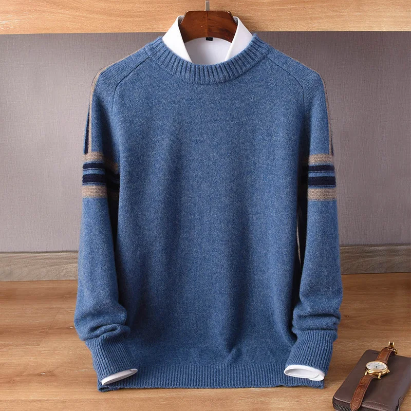 Mens Clothes Sweater Autumn and Winter Wool Round Neck Color Matching Loose Fashion Casual
